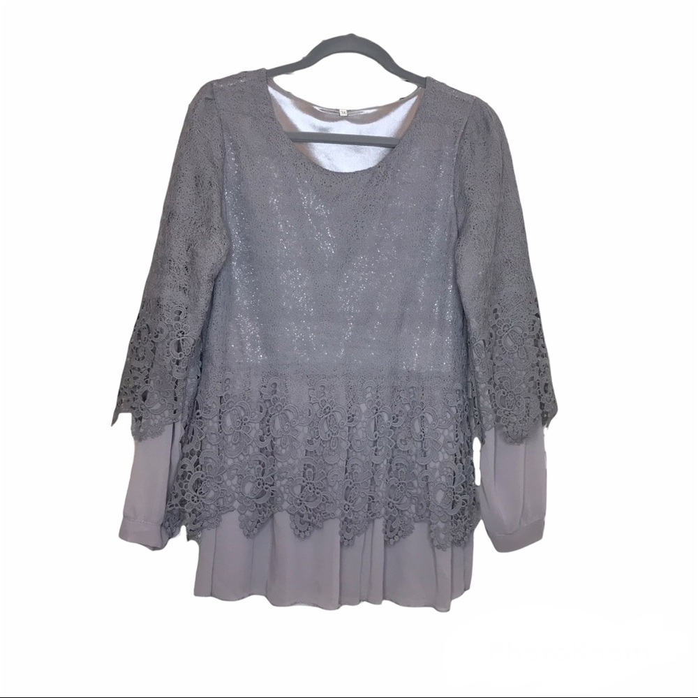 Unbranded Overlay Crochet Lace Top Gray Dressy